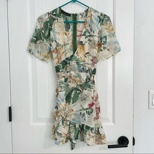 Haute Rouge Tropical Floral Prints Ruffled Skirt Short Sleeves Mini Dress